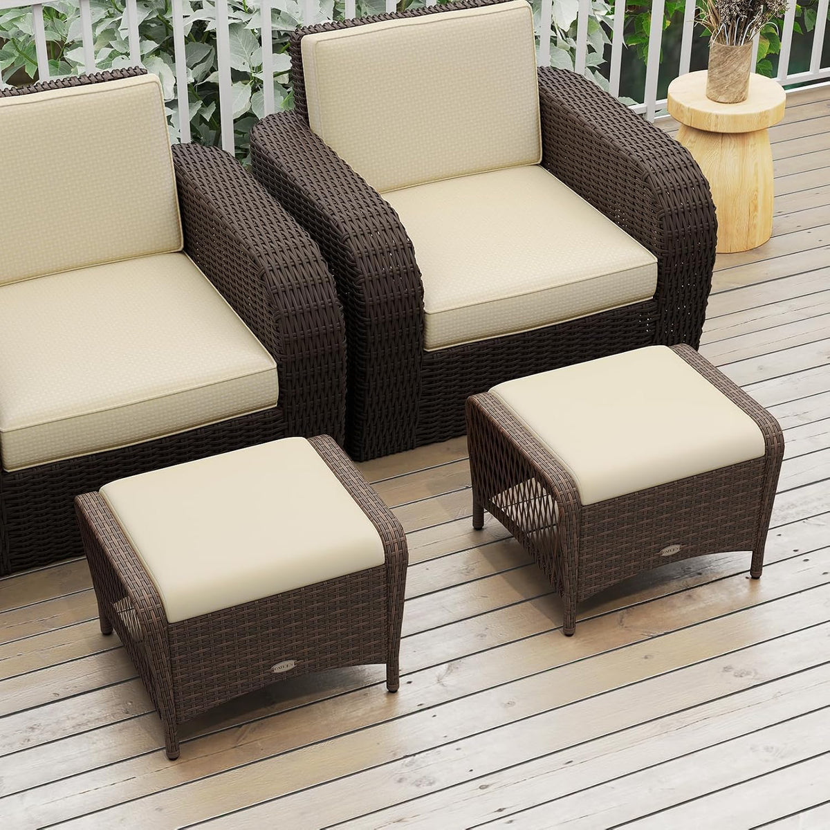 RELAX4LIFE 2-Piece Wicker Outdoor Ottoman - Rattan Footstools w/Removable Cushions, Multipurpose Foot Rest, Additional Seating & Side Table for Garden Porch Balcony, Set of 2 Patio Ottoman (Beige)