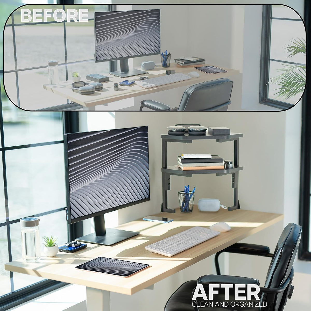 VIVO Black Corner Clamp-on 17 in 2-Tier Desk Shelf, STAND-SHELF2CR