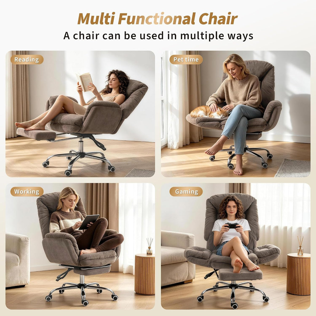 Criss Cross Ergonomic Office Chair with Footrest, Big and Tall Executive Office Chair with 3-Level Adjustable Armrests High Back Adjustable Gaming Chair with Wheels for Home Office, Coffee