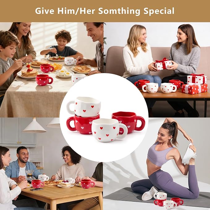 4pcs Ceramic Hearts Mugs Set, 9.4OZ Cute Love Coffee Cup Set, Dishwasher Safe