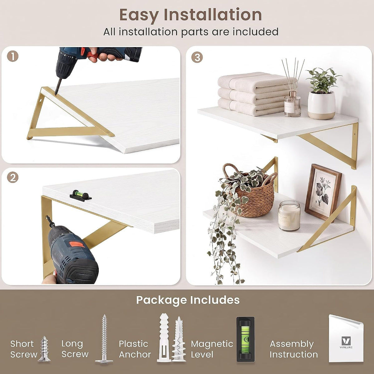 White Shelves for Wall 6 Inch Deep, 24x6 Set of 2, White&Gold
