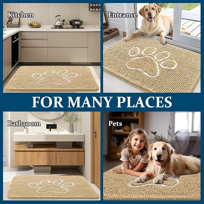 OLANLY Dog Door Mat for Muddy Paws 35x24, Paw Print Design, Absorbs Moisture