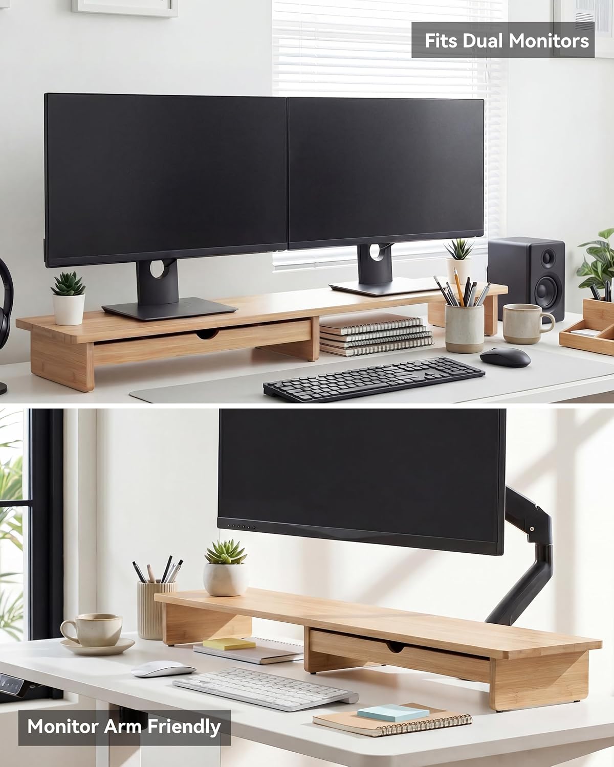 Dual Monitor Stand Riser with Drawer,Wood Desk Storage Shelf