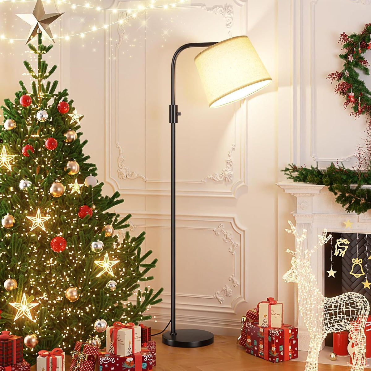 Ambimall Arc Floor Lamp for Living Room with Rotary Switch, Linen Shade