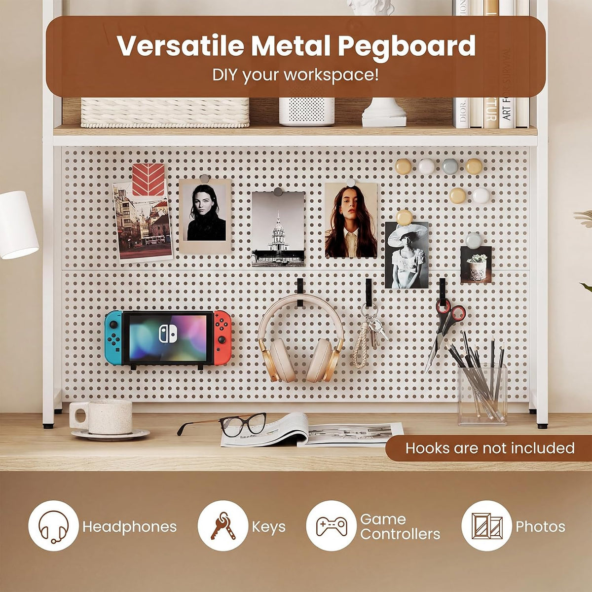 Tangkula Desktop Bookshelf, Multipurpose 2-Tier Desk Hutch with Pegboard, Industrial Countertop Storage Organizer Rack for up to 32" Computer Monitor, Hutch for Dorm Home Office (Natural)