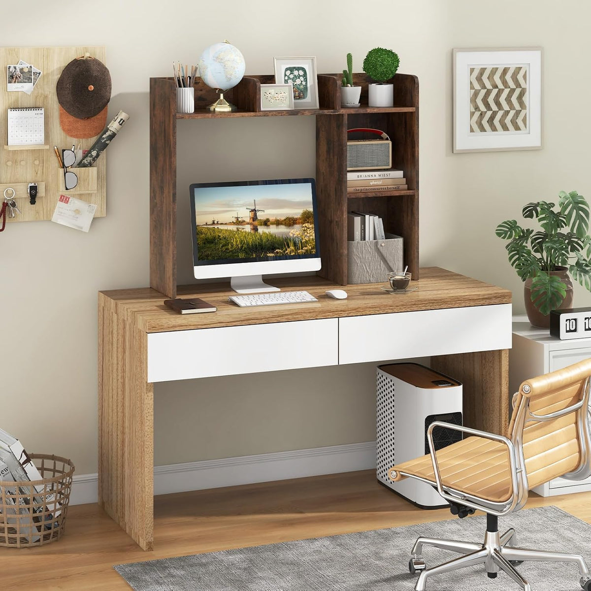 LDAILY Desktop Shelf, Multipurpose Wood Desk Hutch for Max 27" Computer Monitor, Countertop Storage Hutch with 5 Shelves, 3 Tier Desktop Display Rack for Dorm Office Home (Rustic Brown)