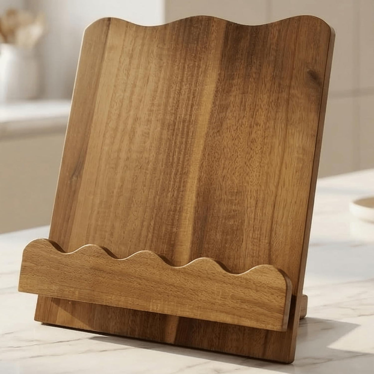 Wooden Cookbook Stand for Kitchen Counter, Scalloped Book Holder, Acacia