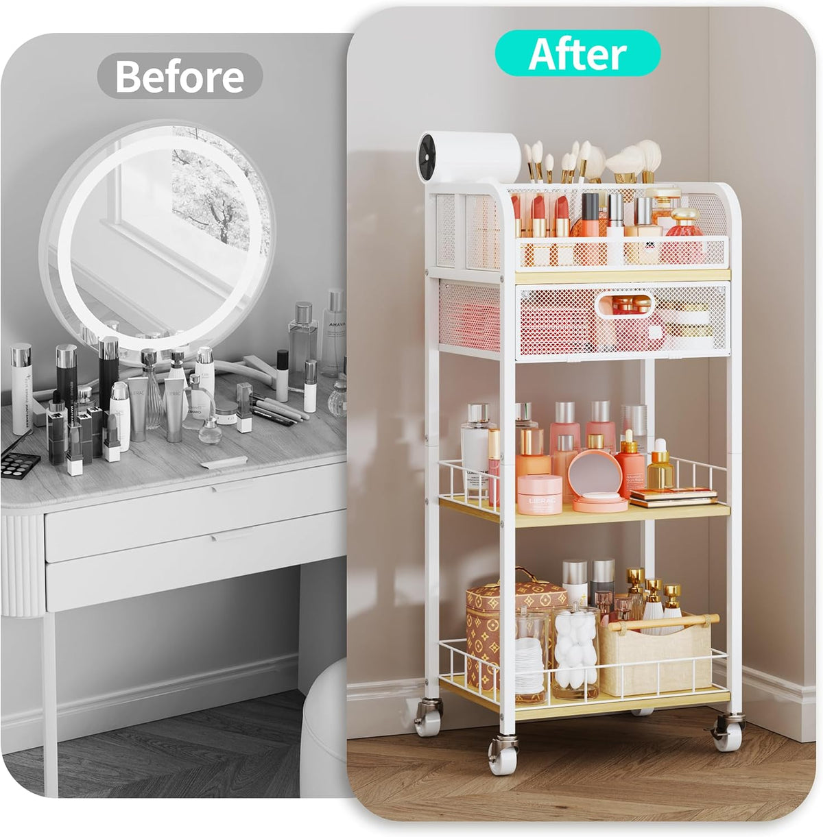 HapiRm Makeup Organizer Storage Cart - Floor Skincare Make Up Organizers with 4 Drawers, Rolling Makeup Cart Vanity Organizer Cosmetics Display Cases Holder for Skin Care Nail Polish Pure White