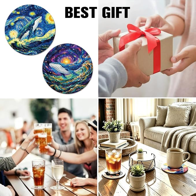 Starry Night Style Whale Funny Round Magnetic Coaster Set of 2 Doubles as