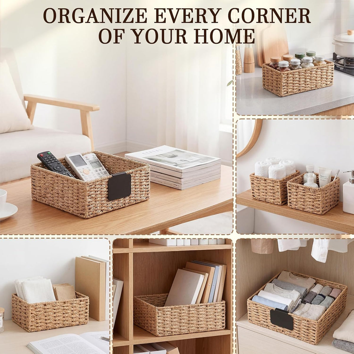 SiliFine Paper Rope Bathroom Woven Storage Basket Set of 4, Natural Color