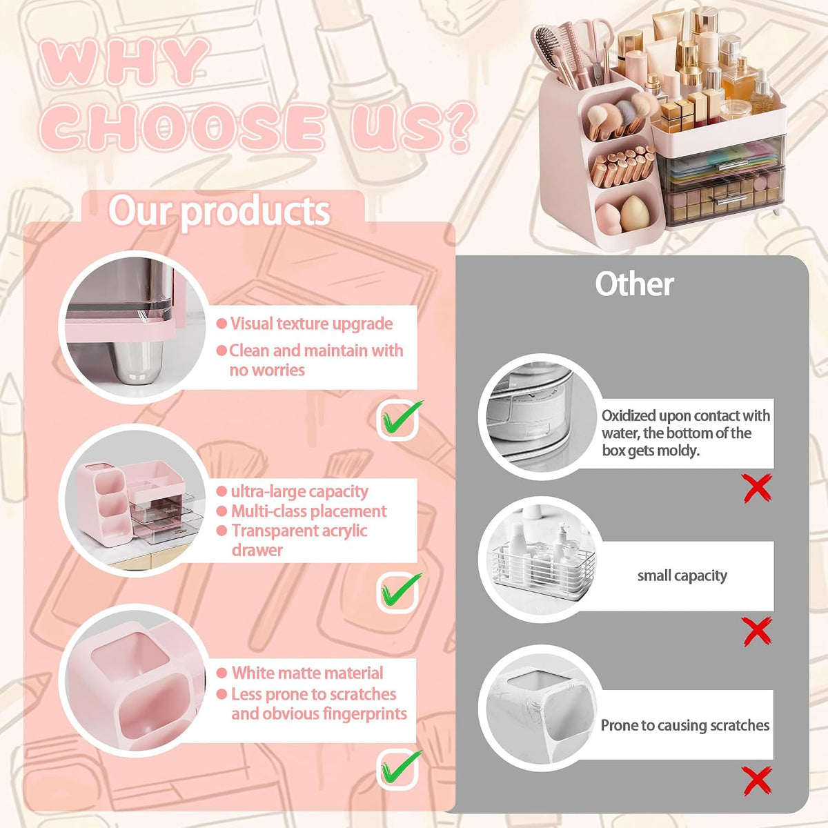 Large Capacity Makeup Organizer Countertop with Makeup Brush Holder for Vanity, Thickened Material, Bathroom Countertop Organizer Skin Care Perfumes Storage, Teen Girl Gifts for 12-23 Year