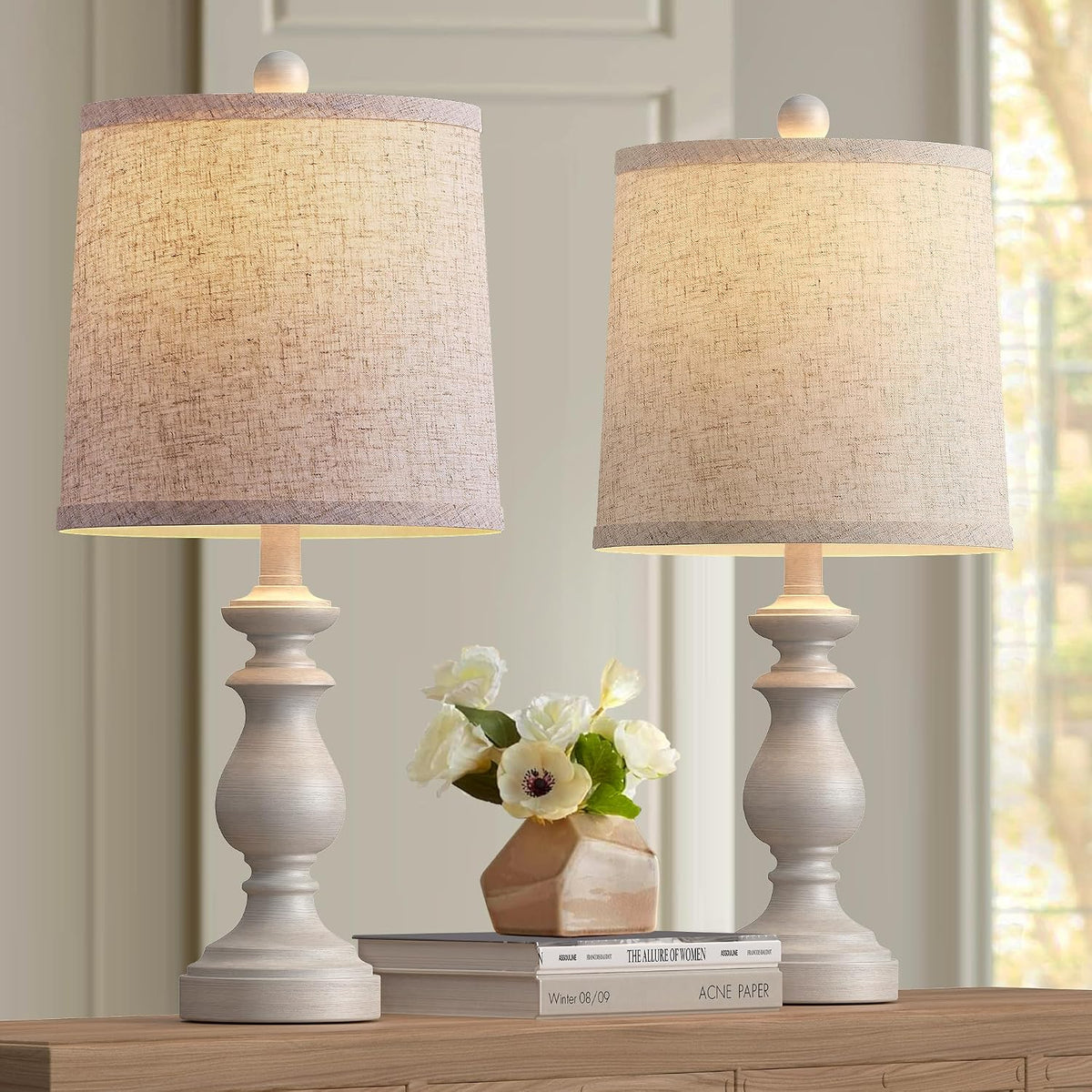 PARTPHONER Traditional Table Lamp Set of 2, Rustic Farmhouse Table Lamps for Living Room Bedroom, 22" Bedside Desk Lamps Vintage Nightstand Lamps with Linen Shades, Antique Grey