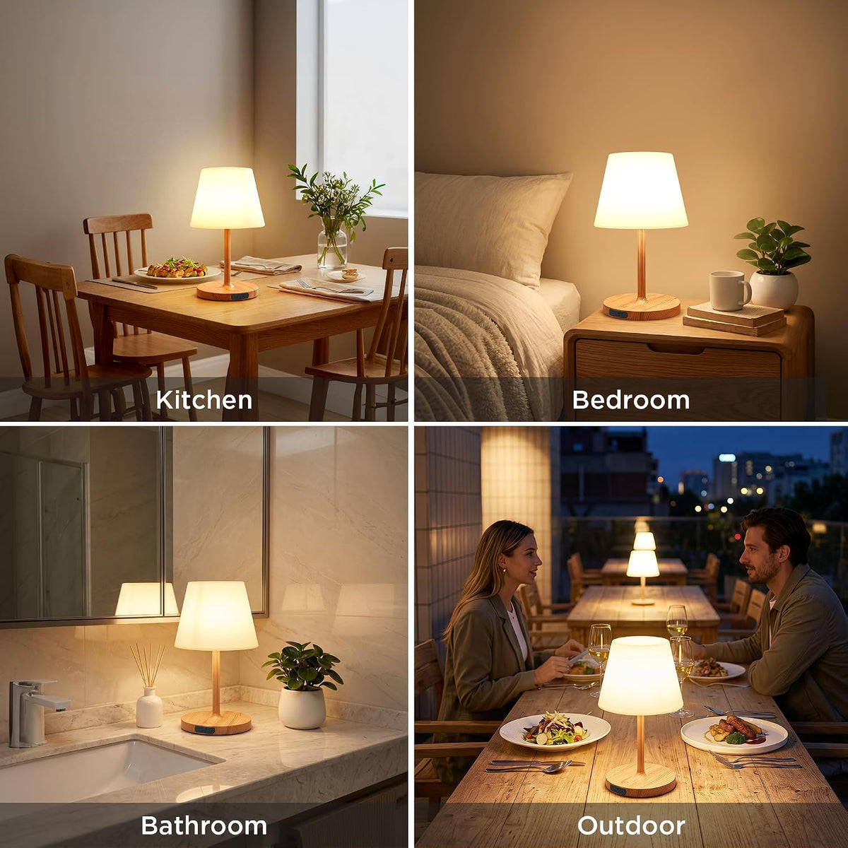LUTEC 2 Pack Shower Lamp Waterproof, 6000mAh Rechargeable Cordless Table Lamp with 3 Color Temps and Stepless Dimming, Touch Control & Portable LED Nightlight for Bathroom, Desk, Outdoor(Wood Grain)
