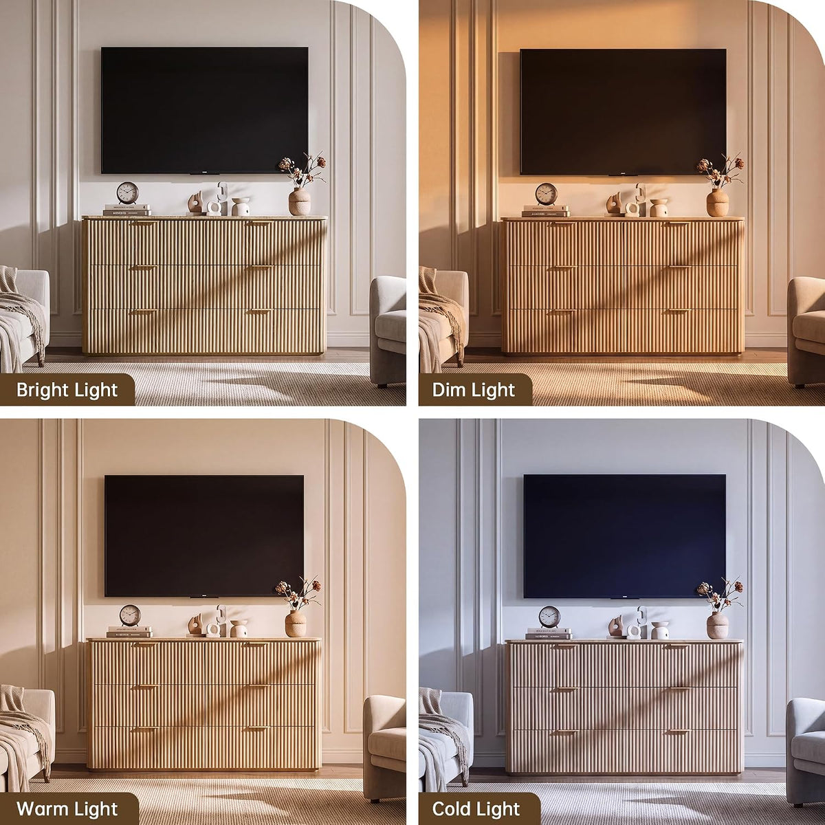 54"W Fluted 6 Drawer Bedroom Dresser, with Faux Marble Top,Natural Oak