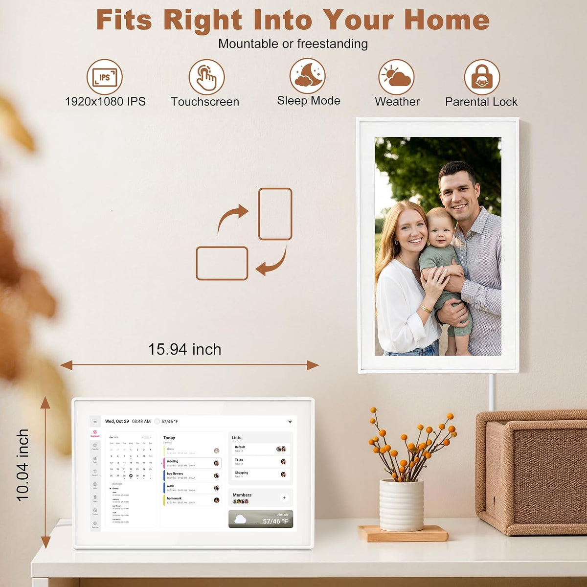 15-Inch Digital Calendar Family Planner & Chore Chart, No Subscription