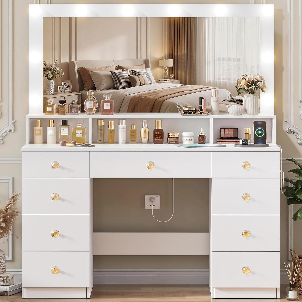 Vanity Desk with Mirror and Lights, Makeup Vanity Table with Power Outlet, 9 Drawers & Storage Shelf, Bedroom Dressing Table Vanity Set for Girls, Women, White (39.3" Large Mirror)