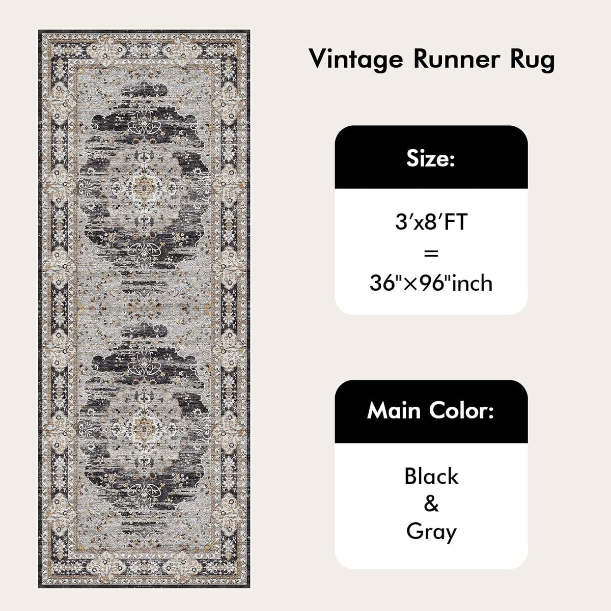 3x8 Washable Hallway Runner Rug - Non-Slip Vintage Kitchen Rugs Black Gray