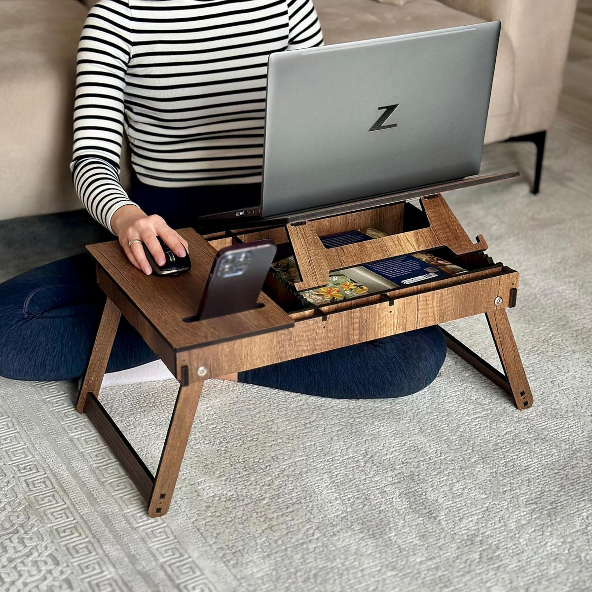 Vigo Wood Laptop Stand with Adjustable Tilt, Folding Legs and Storage Space, Reading Table and Work Desk (Walnut)