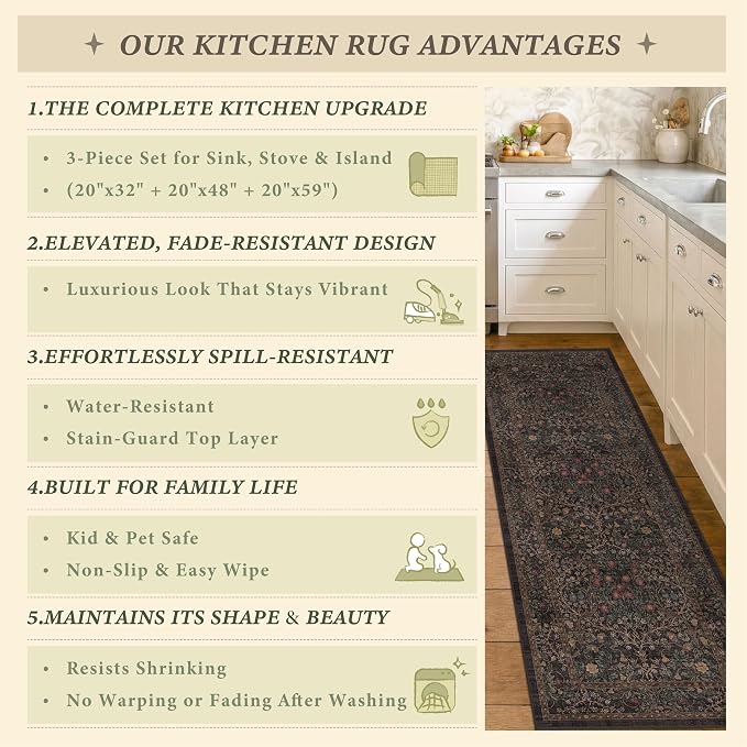 Taupe Brown Kitchen Rug Set of 3, Washable Non-Slip Mats