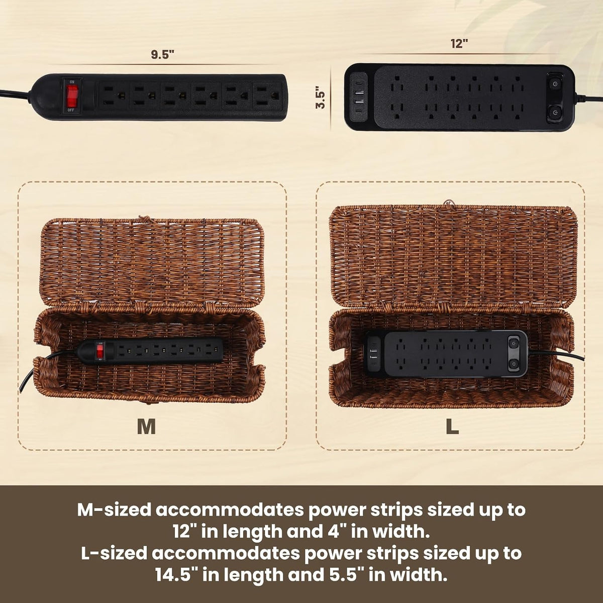 Cable Management Box, Cord Organizer with Lid & Cable Ties - Brown Set