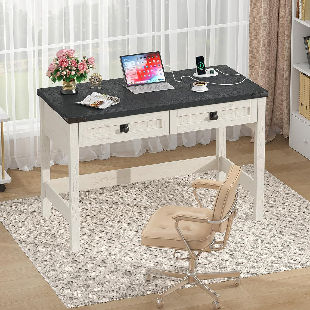 39 Inch Farmhouse Small Computer Desk with Drawers for Bedroom, Home Office