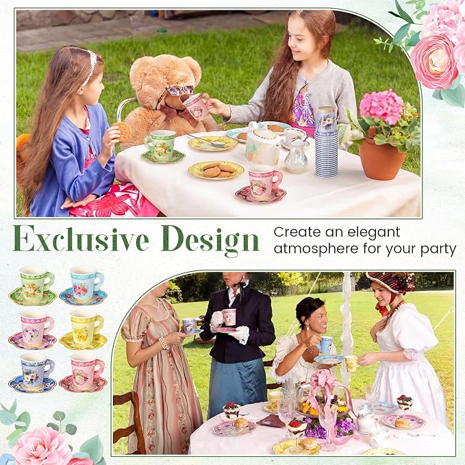 Nuogo 300 Pcs Floral Paper Tea Cups and Saucers 9 OZ Disposable Cups