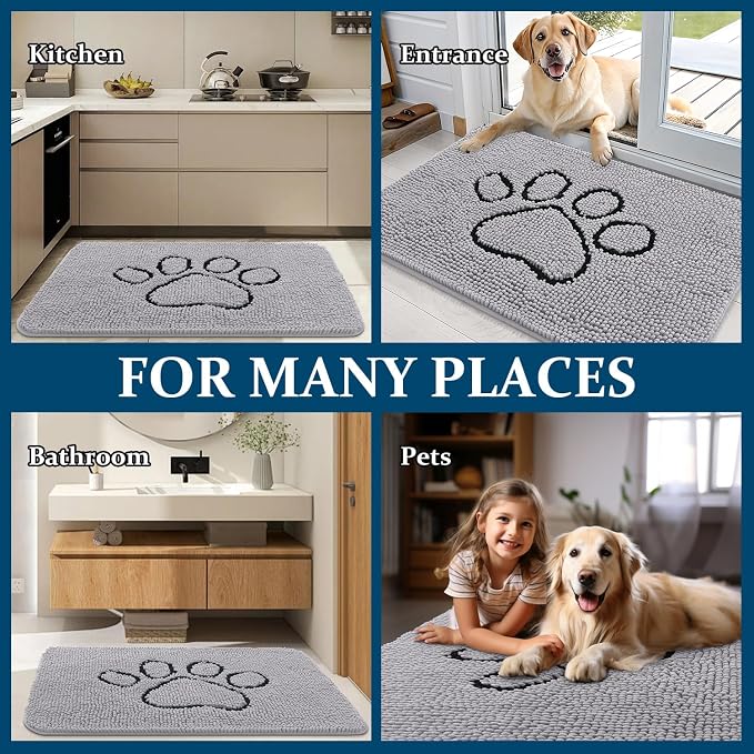 OLANLY Dog Door Mat for Muddy Paws 48x30, Paw Print Design, Absorbs Moisture