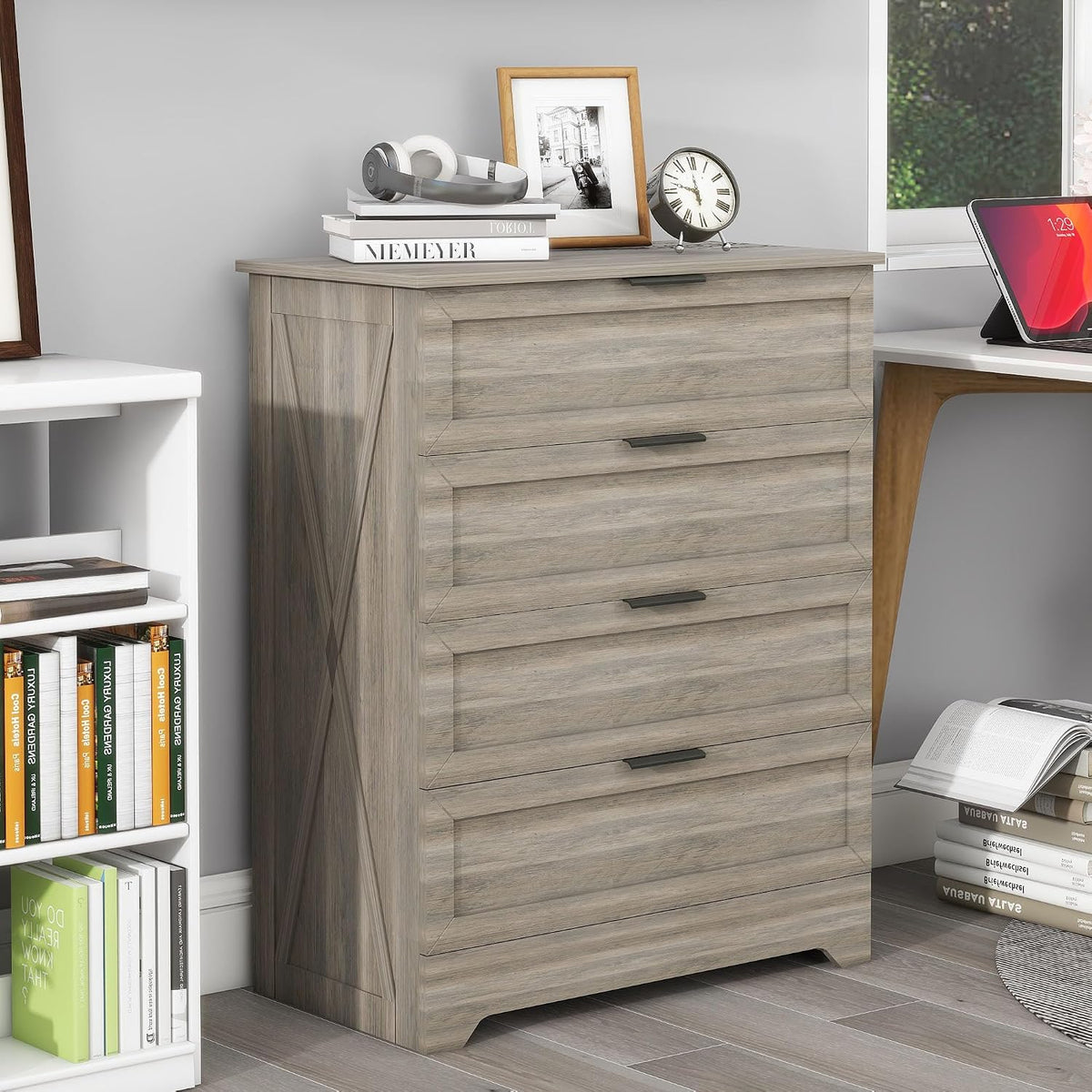 Farmhouse 4 Drawer Dresser for Bedroom, Tall Bedroom Dresser, Rustic Gray