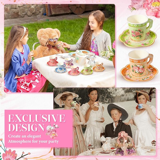 Nuogo 300 Pcs Floral Paper Tea Cups and Saucers 7 OZ Disposable Cups