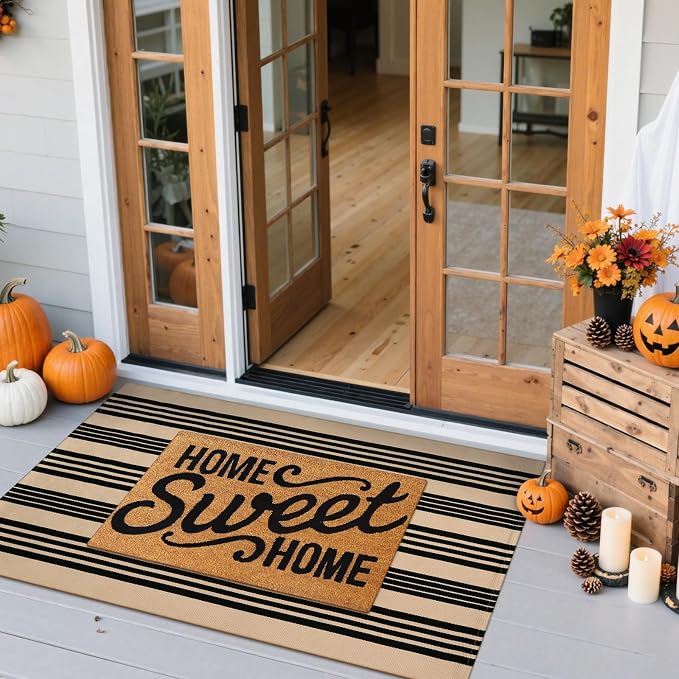 Striped Outdoor Front Door Mat 24"x51", Cotton Hand Woven Washable Black and