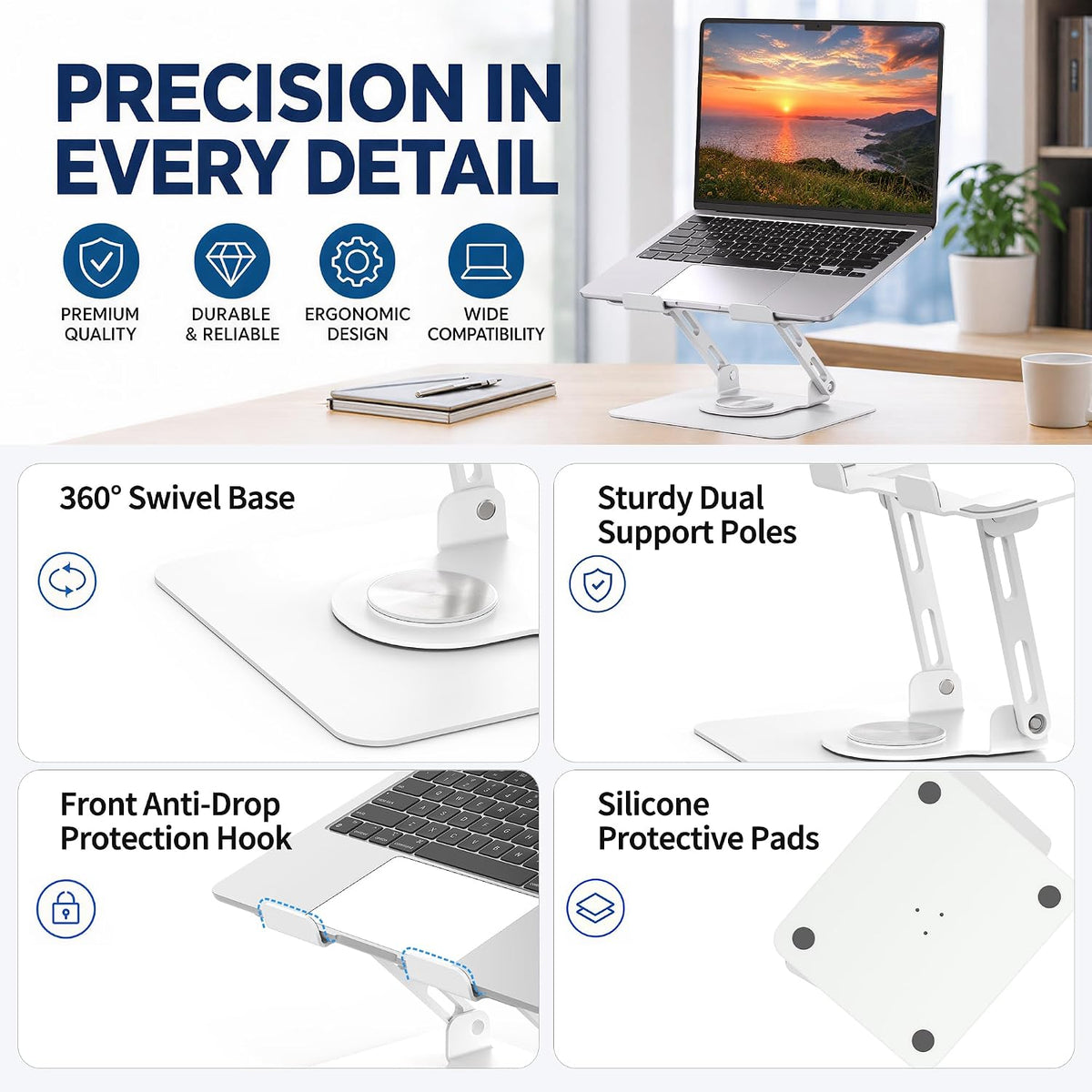 SOUNDANCE 360 Rotating Laptop Stand, Adjustable Riser,10-17",White