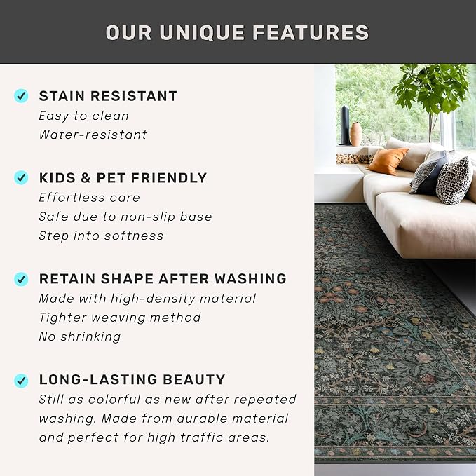 Dark Green Washable 3x20 Extra Long Runner Rug