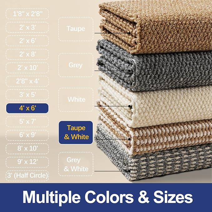 Faux Jute Area Rug 4'x6', Washable & Non-Slip, Taupe & White | 0.27" Low Pile