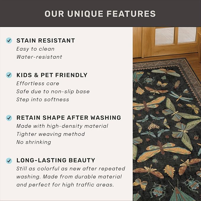 Vintage Insect 2x8 Black Entryway Runner Rug, Washable Non Slip Runners