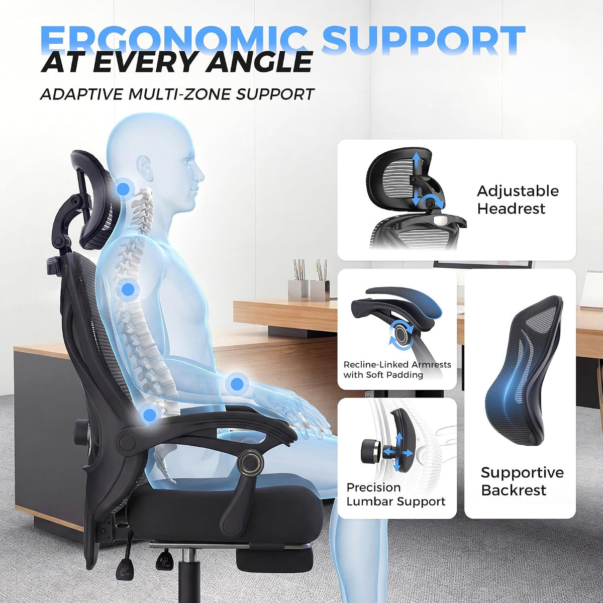CYKOV Ergonomic Office Chair with Footrest, Reclining Mesh Back, 350 Lbs (Ink Black)