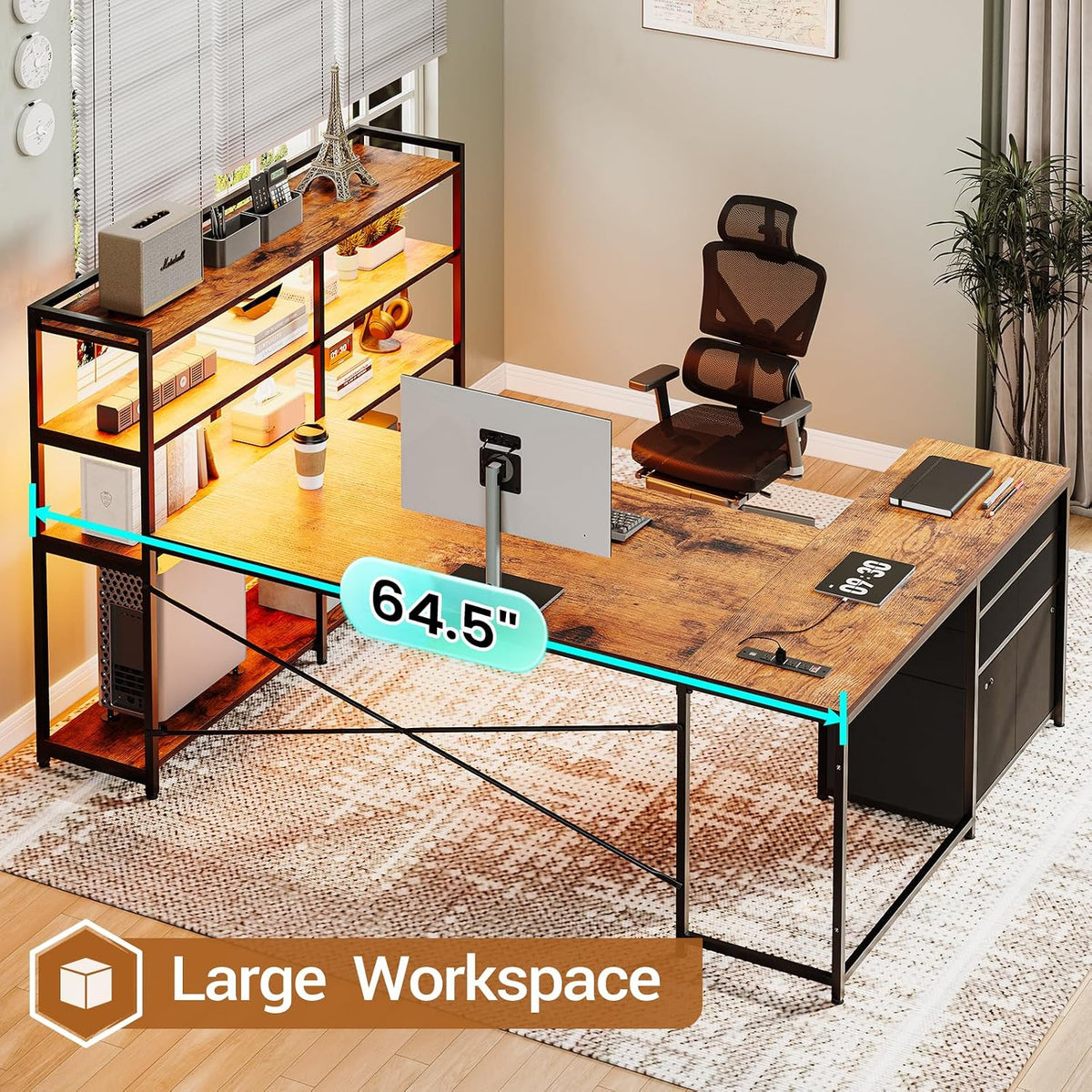 SEDETA 64.5" Reversible L Shaped Office Desk with Storage Drawers, Shelves