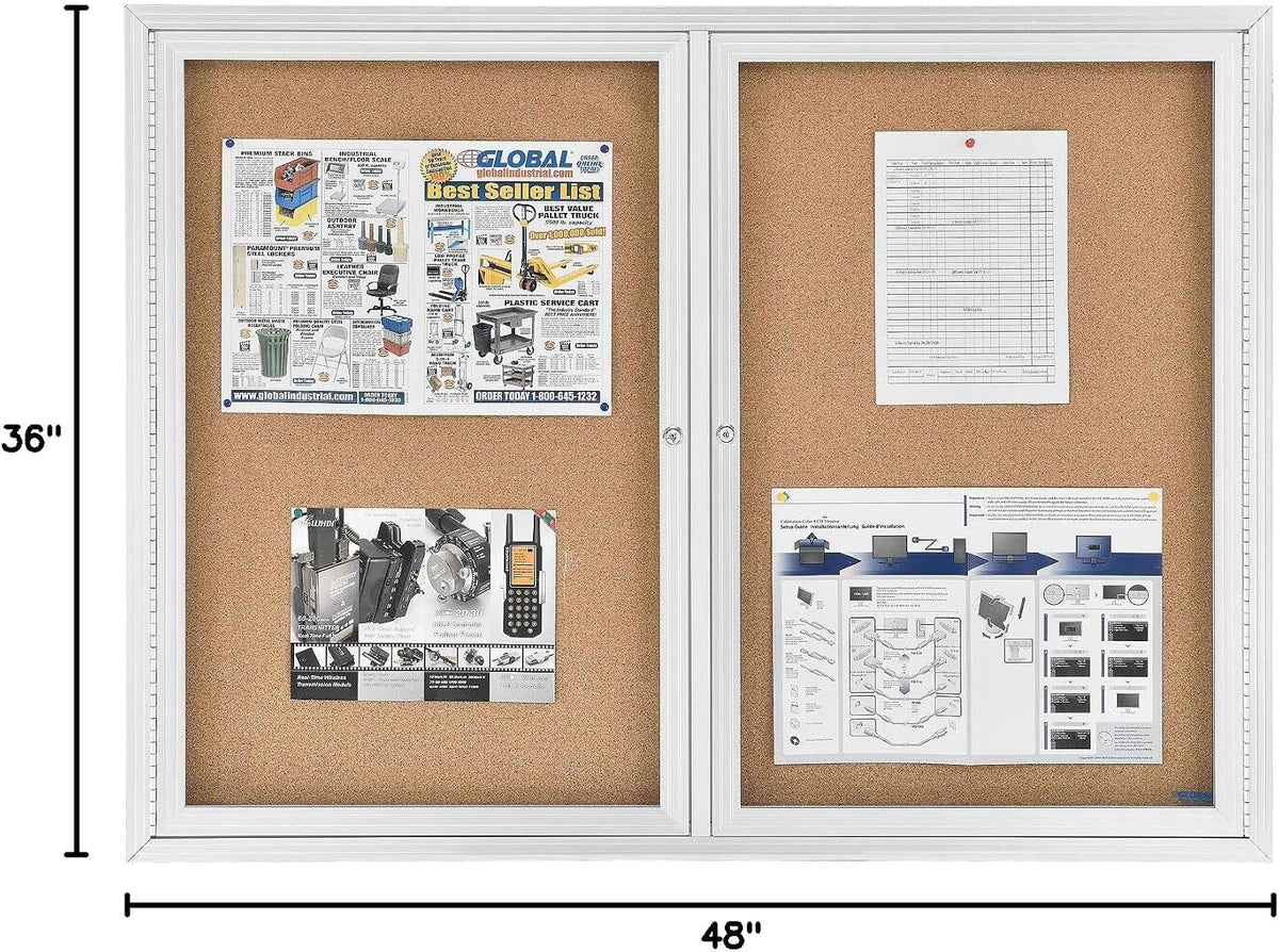Global Industrial 2 Door Enclosed Bulletin Board, 48" W x 36" H, Self-Healing Cork, Lightweight Aluminum Frame, Shatter Resistant Acrylic Windows, Keyed Lock
