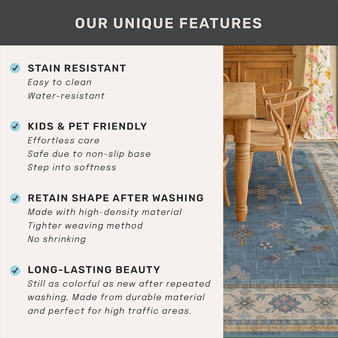 Washable 5x7 Blue Rugs for Kids Room, Boho 5 x 7 Nursery Rug Boys, Colorful