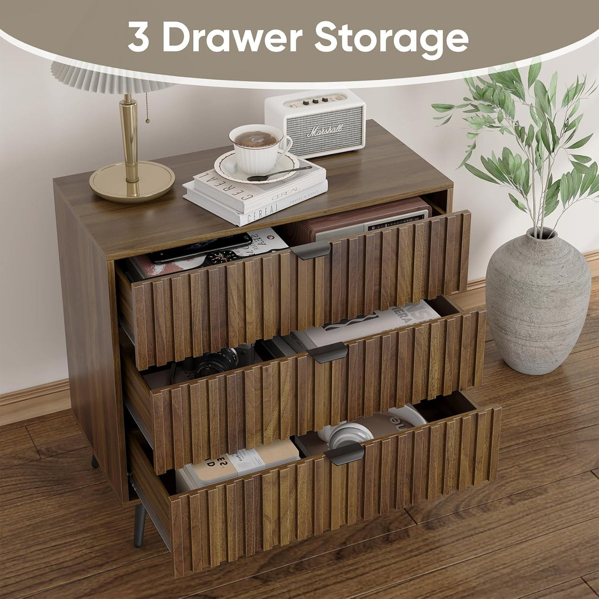 Smart FENDEE 3 Drawers Dresser, Fluted Small Dresser, 31.5“ W Mid- Century Modern Wooden Chest of Drawers, Large Nightstand Organizer for Bedroom, Closet, Hallway, Entryway, Walnut