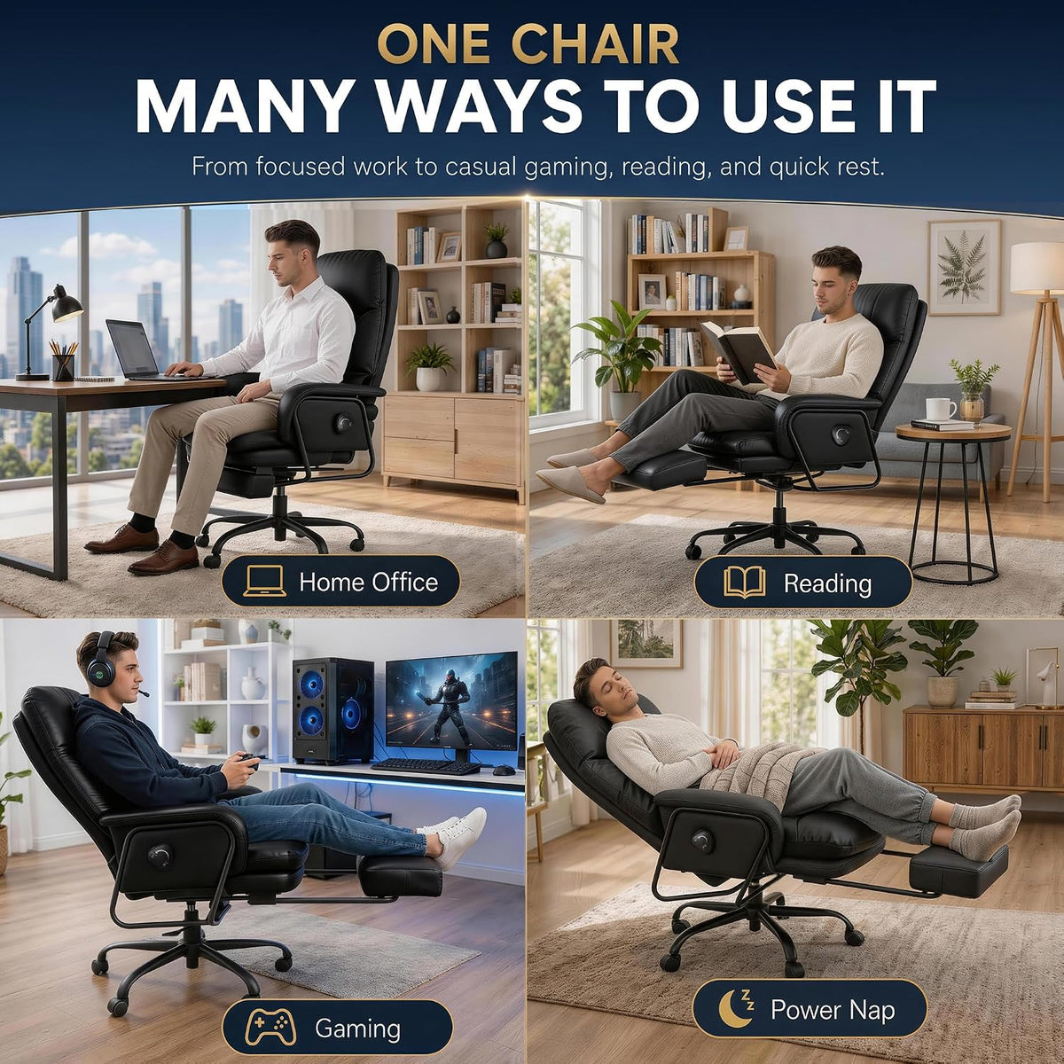 180° Reclining Office Chair with Footrest, PU Leather, Black