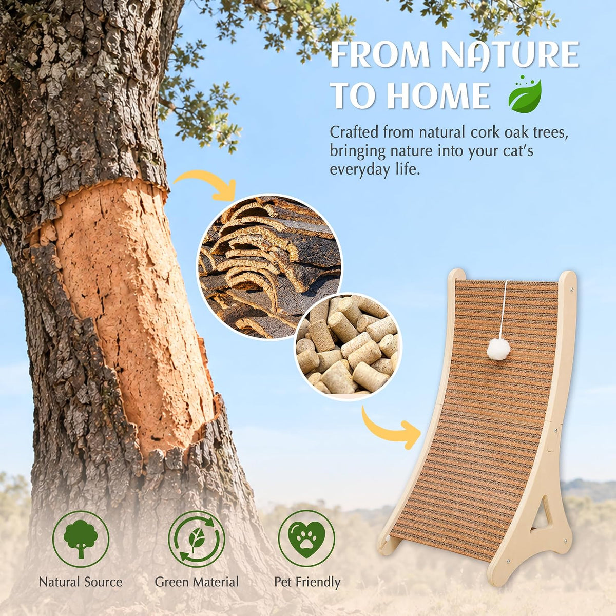 PETKARAY Cork Cat Scratcher, Curved Natural Scratch pad for Indoor Cats