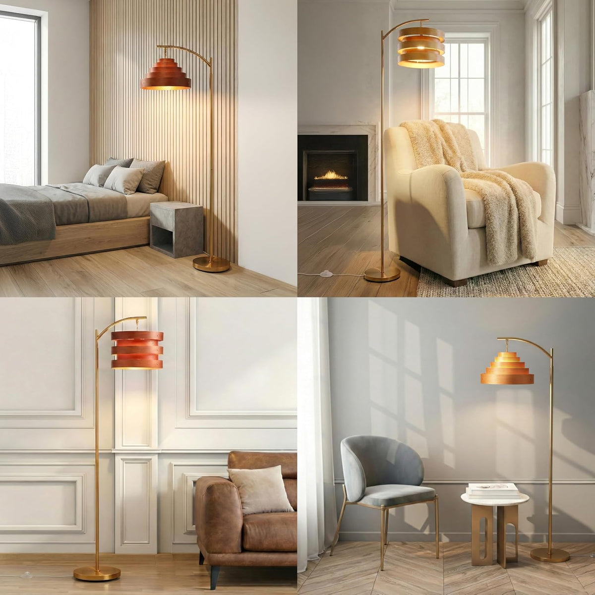 O’Bright Strata Wooden Floor Lamp - Mid Century Modern Standing Lamp with Layered Wood Shade, Tall Reading Lamp for Living Room, Bedroom, Office, Black, Light Oak, Horizon Shade