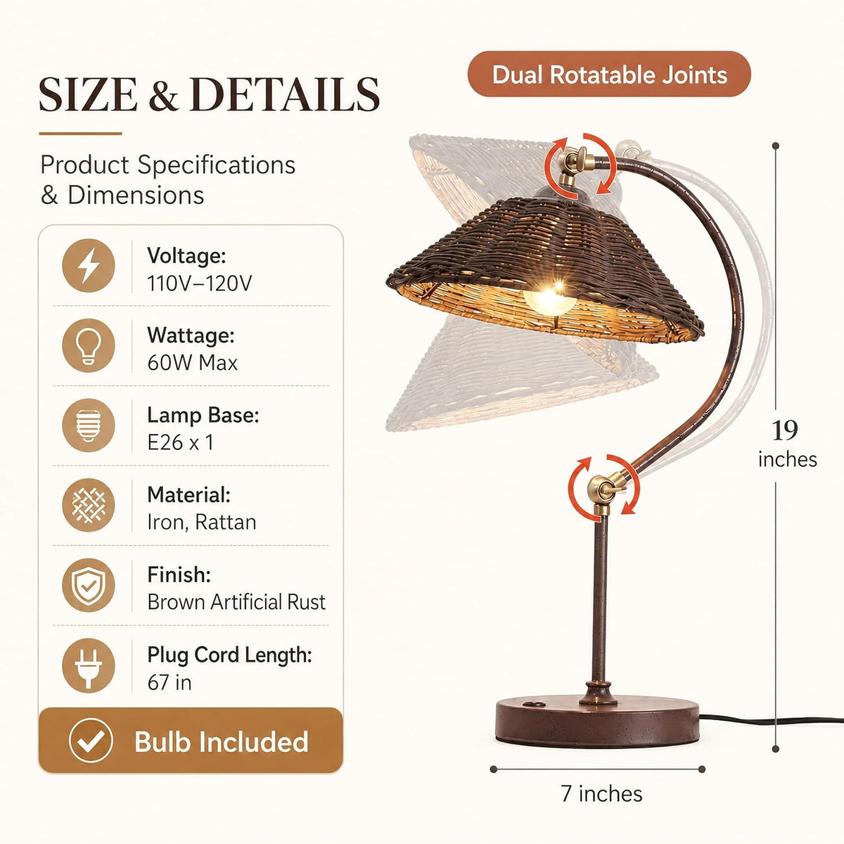 Touch Control Vintage Brown Rattan Table Lamp Set of 2 Adjustable Swing Arm