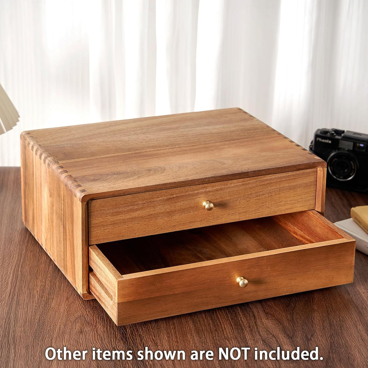 Acacia Wood Desk Organizer with 2 Drawers, Fully Assembled Dovetail Joint Desktop Drawer Organizer, Tabletop Storage Box for Office, Vanity, Makeup, Jewelry & Stationery