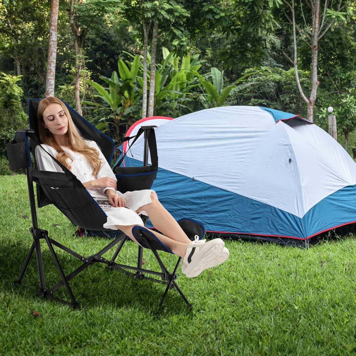 GIANTEX Outdoor Hammock Camping Chair - Rocking Chair with Removable Footrest, Adjustable Backrest, Pillow, Cup Holder, Storage Bag, Portable Fishing Chair for Poolside Patio Folding Chair (1, Black)