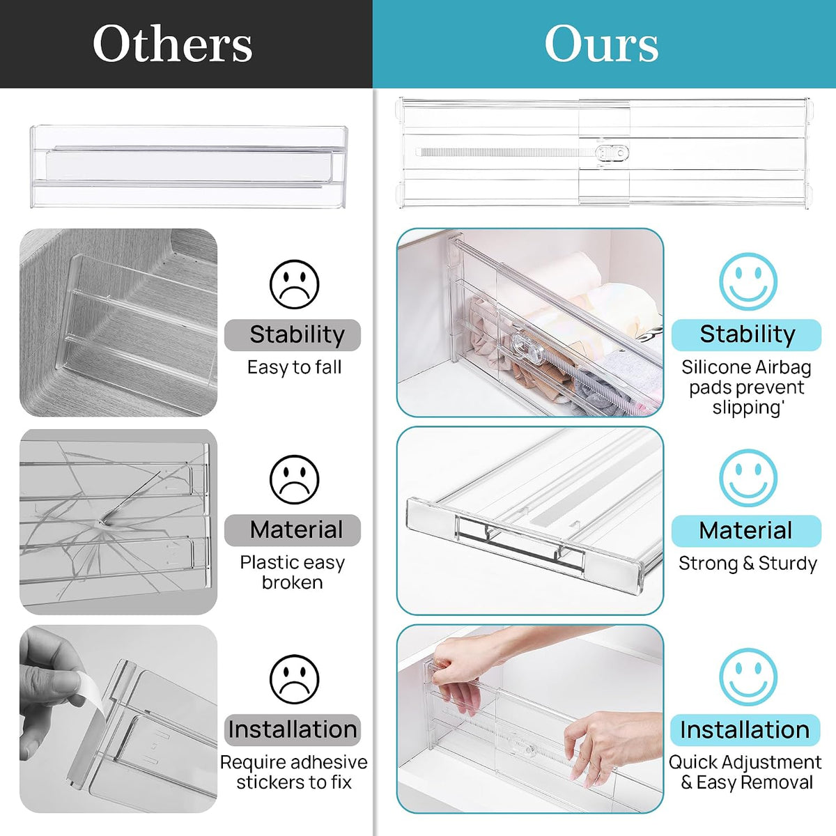 Vtopmart 6" Tall Upgrade Drawer Dividers, 12.8"-22.3" Expandable, 8 Pack