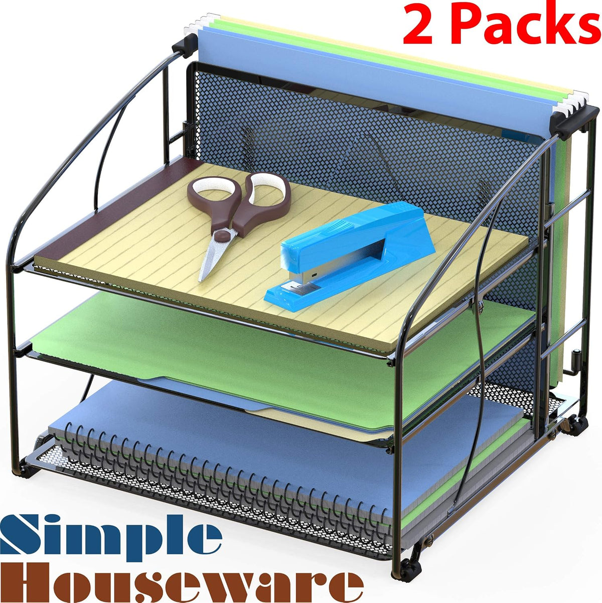 Simple Houseware 3-Tier Desk Organizer with Sliding Drawer, Black, 2-Pack