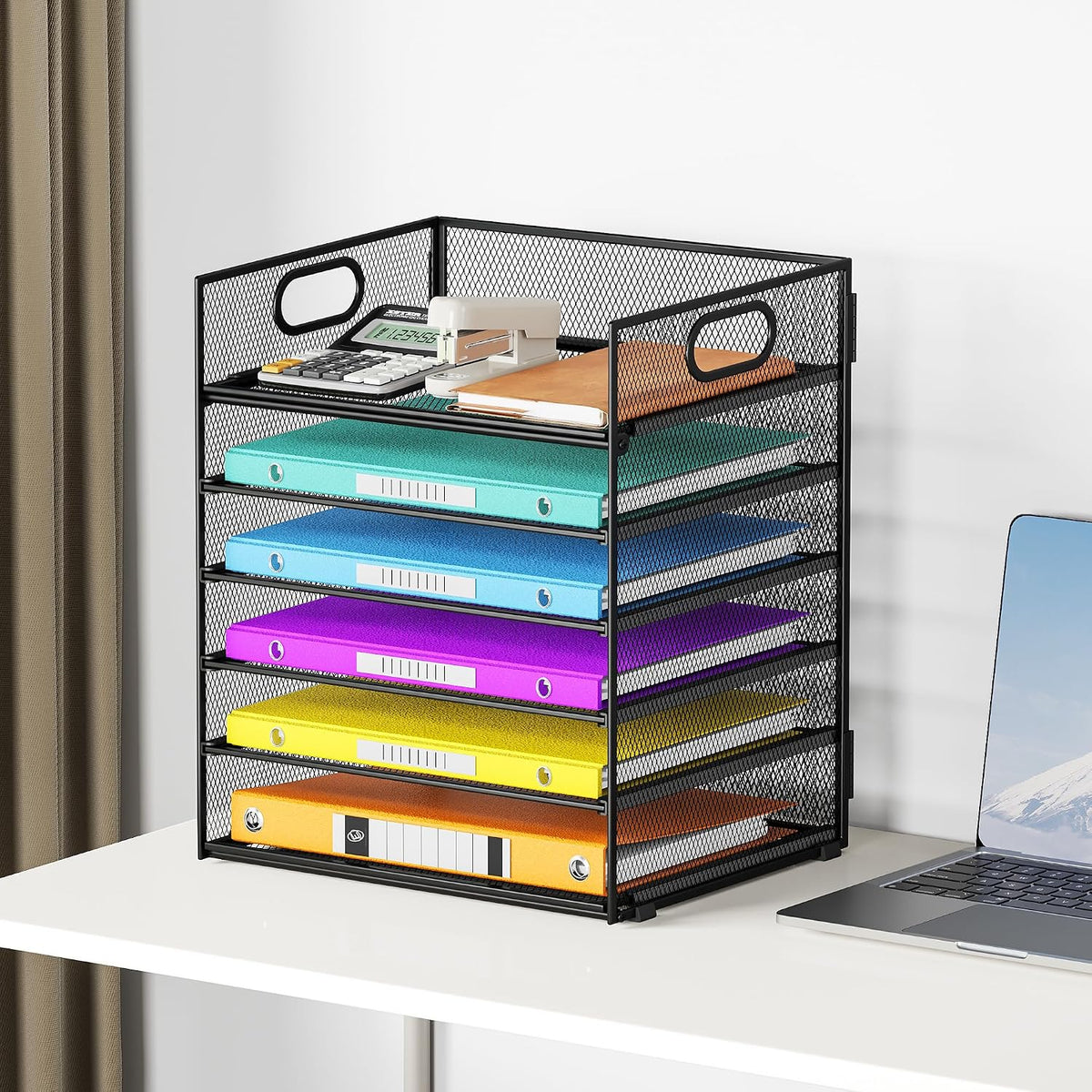 6 Tray Paper Organizer Letter Tray with Handle - Mesh Desk File Organizer, Paper Sorter Organizer for Office, Home or School File Folder Holder -Black