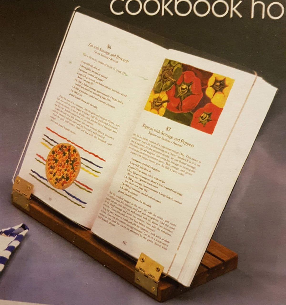 Original Hinged Cookbook Holder - Acrylic Shield With Wood Base and Brass Plated Hinges - Made in the USA