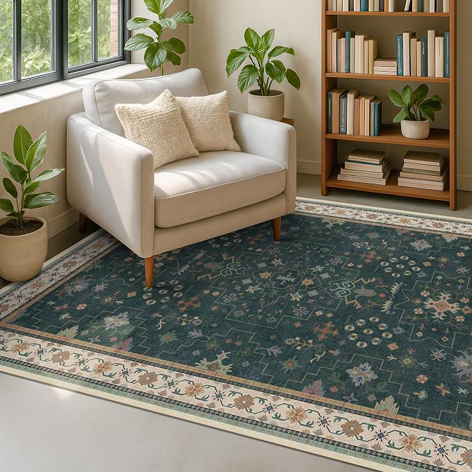 Hazo Haus Dark Green Oushak 5x8 Living Room Rug